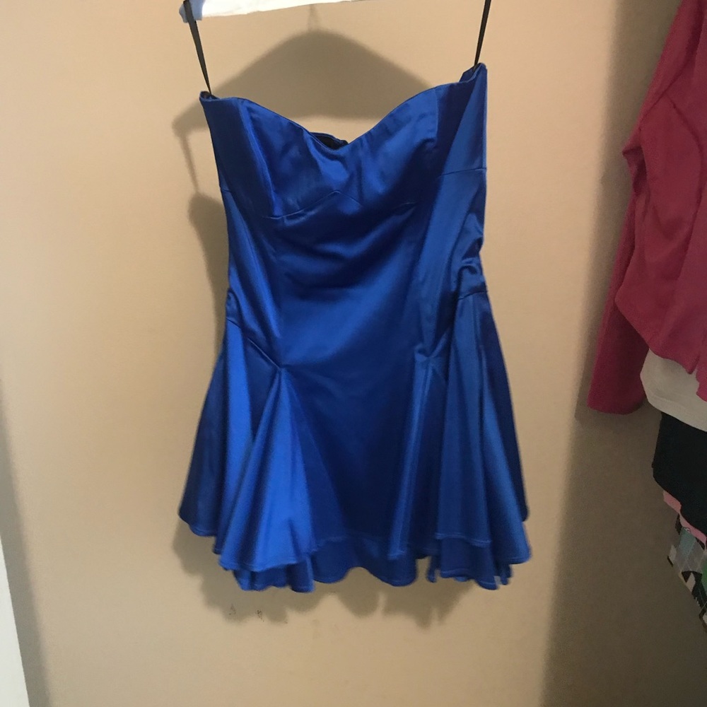 Blue strapless BeBe dress